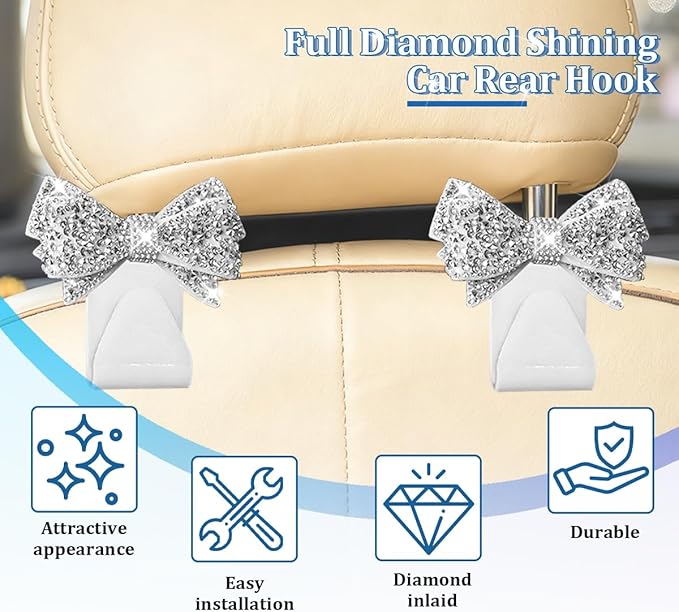 2PCS Bling Bow Car Seat Headrest Hook, Lovely Crystal Rhinestone Back Seat Storage Organizer for Handbag Purse Coat, Girly Sparkling Diamond Backseat Bag Hanger Holder, Universal Fit (White)