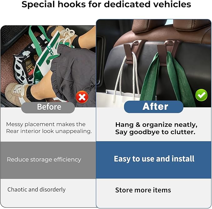2 Packs Upgraded Foldable Car Seat Headrest Hidden Hooks for Volvo XC90 XC60 XC40 S90 S60 C70 V90 V60 EX30 EX90 60/90 Series Accessories, Storage Organizer for Purse Bag Toy Bottle (Brown)