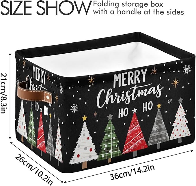 Merry Christmas Tree Black Storage Basket with Waterproof Liner and PU Handles Winter Snowflake Xmas Storage Bins Boxes 14.2" Collapsible Decorative Organizer Baskets for Bedroom Closet Office 1 Pack
