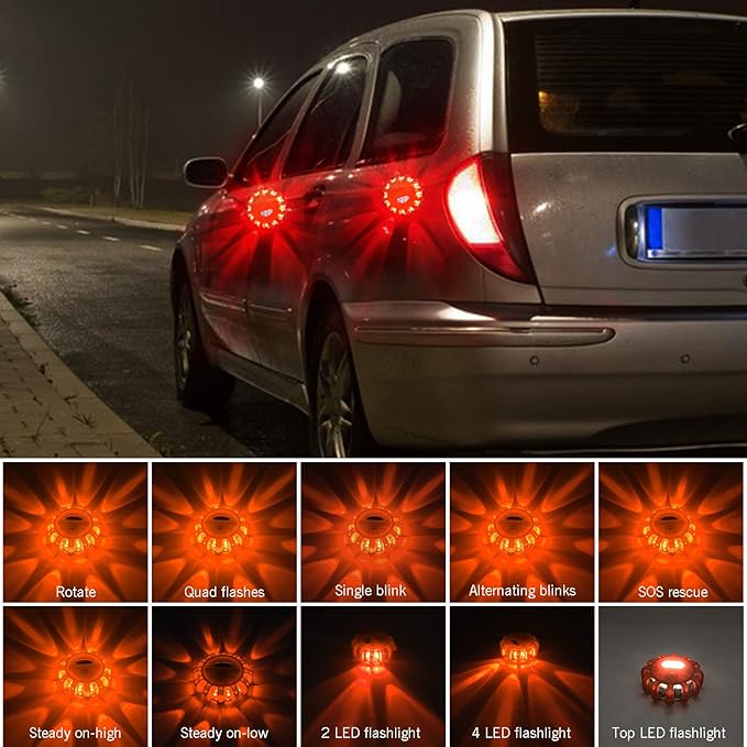 AK [4 Pack LED Road Flares Safety Flashing Warning Light Roadside Emergency Disc Beacon Kit for Vehicles Boats with Magnetic Base & Hook, Premium Storage Bag (Batteries Not Included) (4)