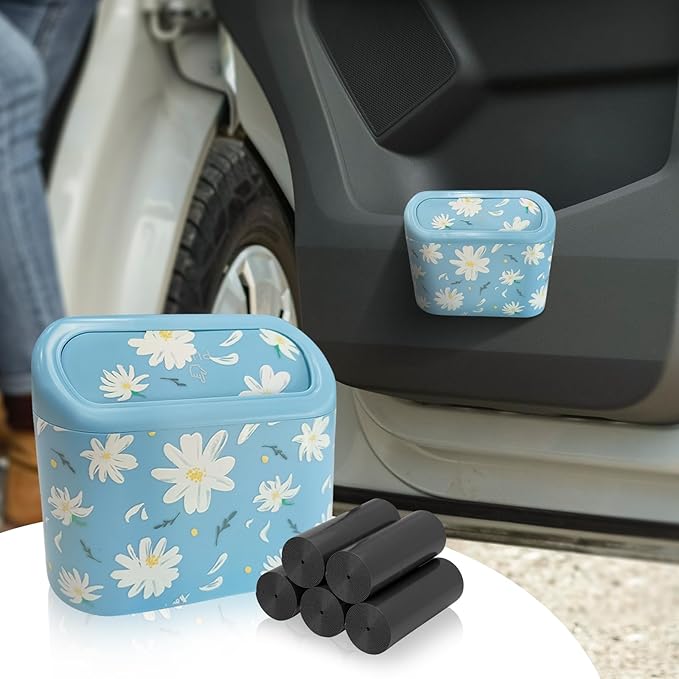 Mini Car Trash Can with Lid – Cute Floral Trash Can for Women, Automotive Garbage Bin with 5 Bags, Organizer for Front and Back Seat, Girly Car Accessories for SUV, Truck, Sedan, Teen Girls