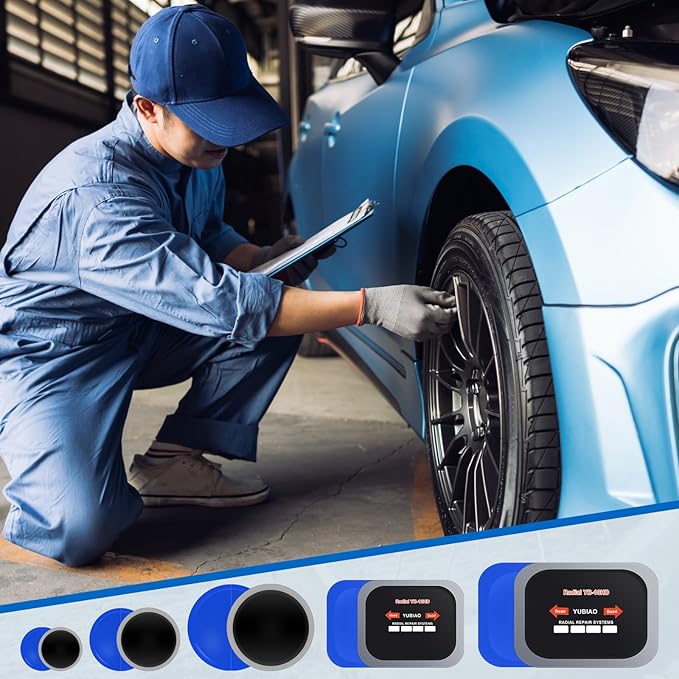 Tallew 50 Pcs Tire Patches 5 Sizes Rubber Radial Tire Repair Patch Plug Kit Heavy Duty Emergency Repair Tool for Puncture Car Truck Bus Tractor Vehicle Motorcycle 32, 42, 58, 65x80, 85x120 mm