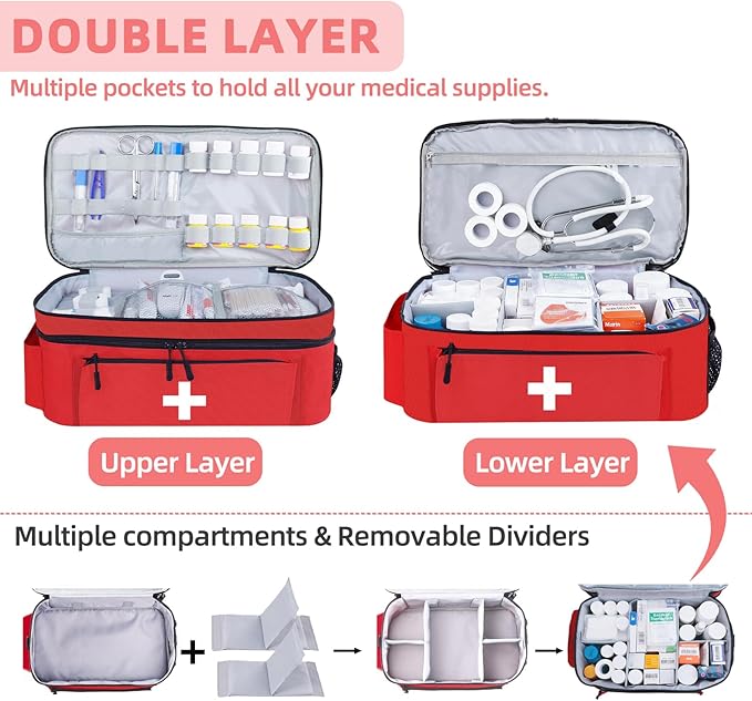 ALSLEA First Aid Bag Empty Large Medical Bag with Shoulder Strap 16”x 9½” x 7” Medicine Organizer Box Travel First Aid kit Emergency Supplies Storage Bag for Car, Home, Office, Outdoor (Red)