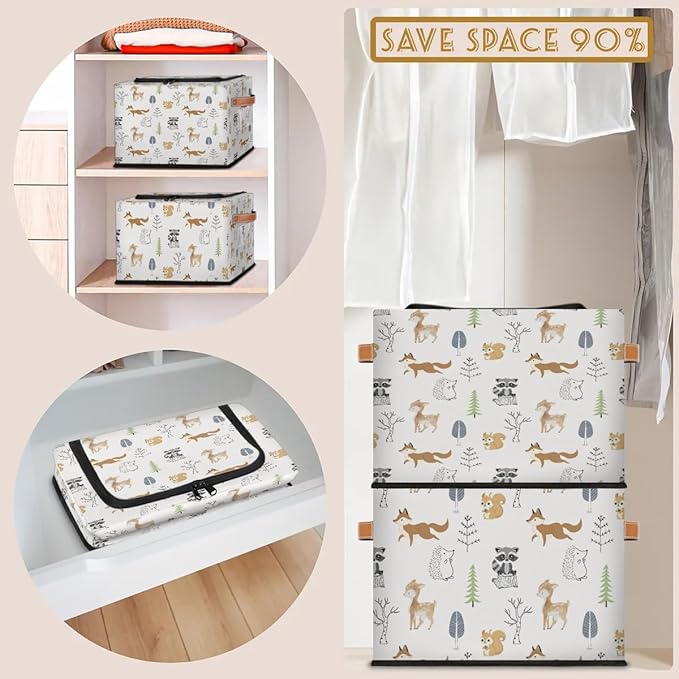 Large Toy Box Collapsible Storage Bins with Lids Closet Storage Baskets for Organizing Shelves Nursery Toy Storage Organizer Boxes for Kids, Boys, Girls (Cute Forest Animal Raccoon Fox)