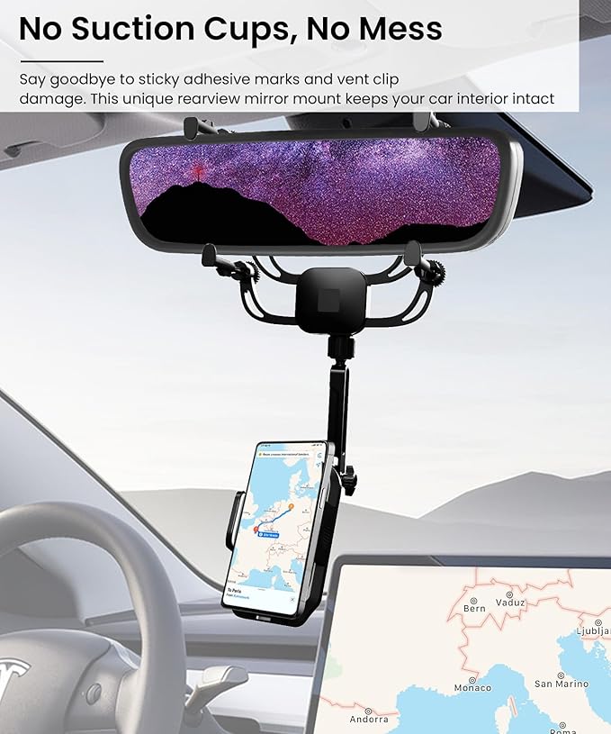 Rear View Mirror Phone Holder – Solid Metal Arm Car Phone Mount, Universal Fit for iPhone & Android, Foldable 360° Rotation Clip, Sleek Hands-Free Design Stable Mount for Navigation & Calls