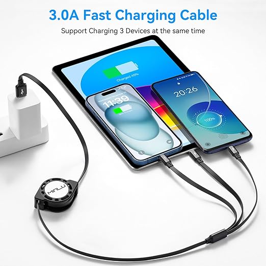 MINLU Multi Charging Cable 3A, 2Pack 4ft Retractable Multi Charging Cord 3 in 1 Charging Cord, USB C Charger Adapter with Lightning/Type C/Micro USB Ports for Cell Phones/iPhone/Samsung/PS/Tablets