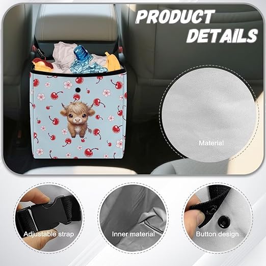 Car Trash Can Leak Proof Auto Trash Bag Hanging Vehicle Garbage Can Multipurpose Storage Container for Back Seat Car Accessories, Cherry Floral Highland Cattle Print