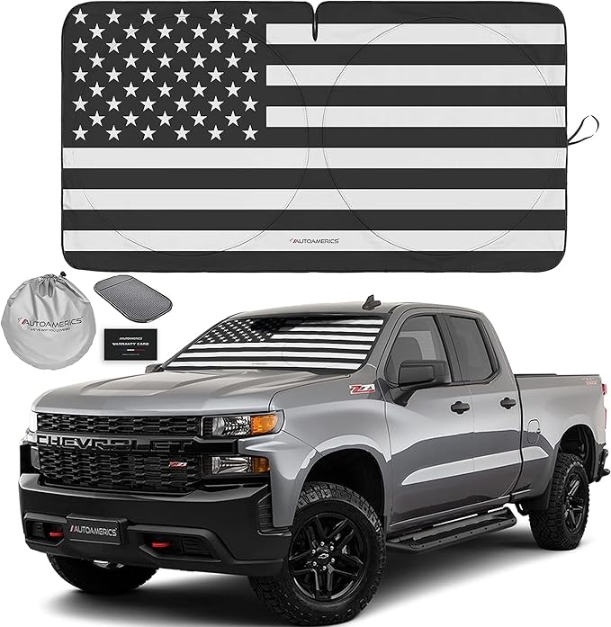 Autoamerics Truck Windshield Sun Shade with Storage Pouch & Anti-Slip Dashboard Pad - Foldable B&W American Flag Design Sunshade - Blocks Max UV Rays, Keeps Vehicle Cool | X-Large (66 x 36 inches)