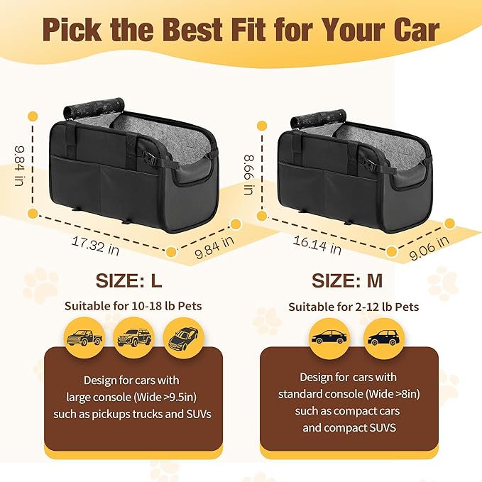 YUDODO Large Dog Car Seat for Center Console (Width＞9.5in) Fits 10-18lbs, Anti-Slip Puppy Cat Travel Portable Booster Seat, Luxury Pet Car Bed Carseat PU Leather Black