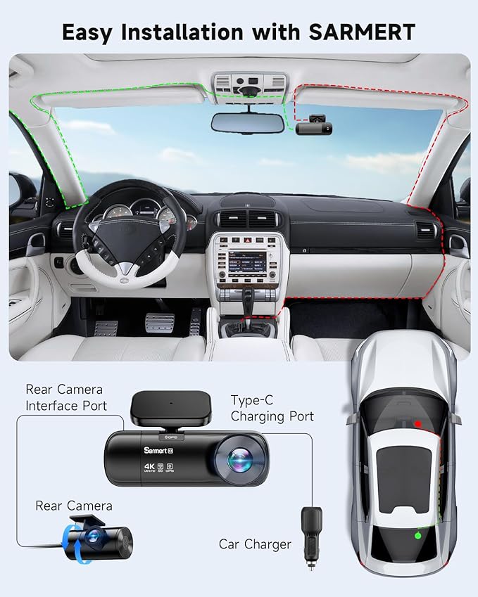 SARMERT 4K 3 Channel Dash Cam, Dash Cam Front and Rear C3, Free 64GB Card, 4K+1080P+1080P Dashcam, G-Sensor, WDR, APP, 5G WiFi, Night Vision, 24H Parking Monitor