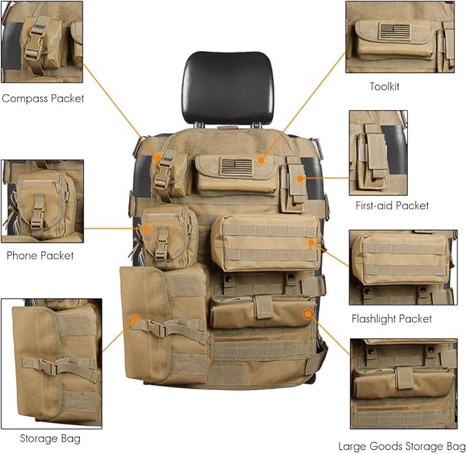 SUNPIE Upgrade Larger Seat Protector Universal Fit Tactical Seat Cover for Trucks Pickup SUV, Compatible with JL/JT, JK, TJ, Compatible with F150 Multi Pockets Molle Seat Back Organizer-Beige