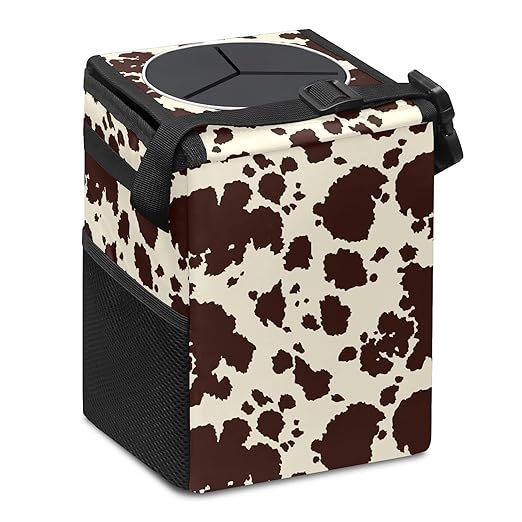 Brown Cow Print Collapsible Car Trash Can with Lid - Reusable, Waterproof, Garage Bag, Interior Car Organizer