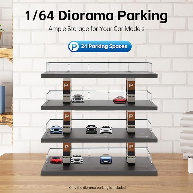 4-Tier 1:64 Die-Cast Car Display Case – Clear Acrylic Parking Garage Style Toy Car Organizer with Solid Wood Base, Dust-Proof Display Shelf for Miniature Car Collectors & Kids' Gifts