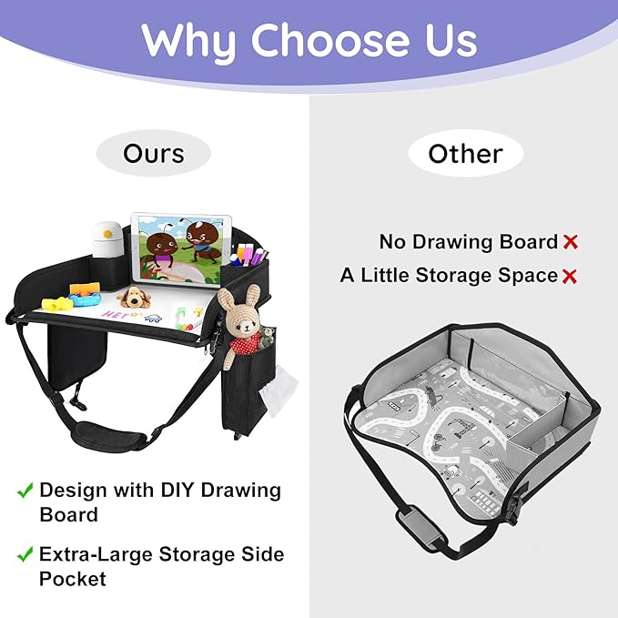 3Pcs ‎Kids Travel Tray, Kids Travel Trays for Car Seat, Road Trip Essentials for Toddler, Carseat Lap Tray with Dry Erase Board & Storage Organizer for Road Trip Activities for Kid, 2Black+1Pink