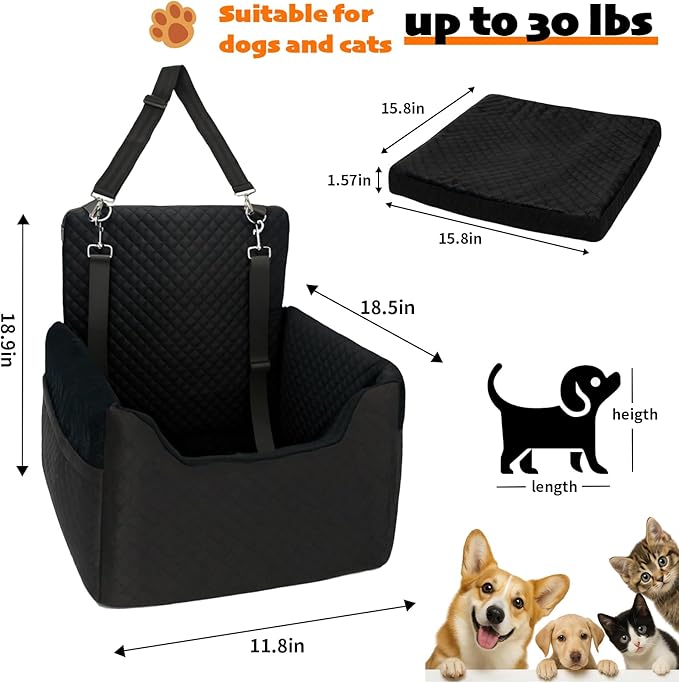 ALL GOOD PET SUPPLIES Dog Car Seat for Small/Medium Dogs Under 35lbs, Soft Booster Car Seat with Detachable Washable Cover and Cushion, Puppy Dog Car Bed, Black