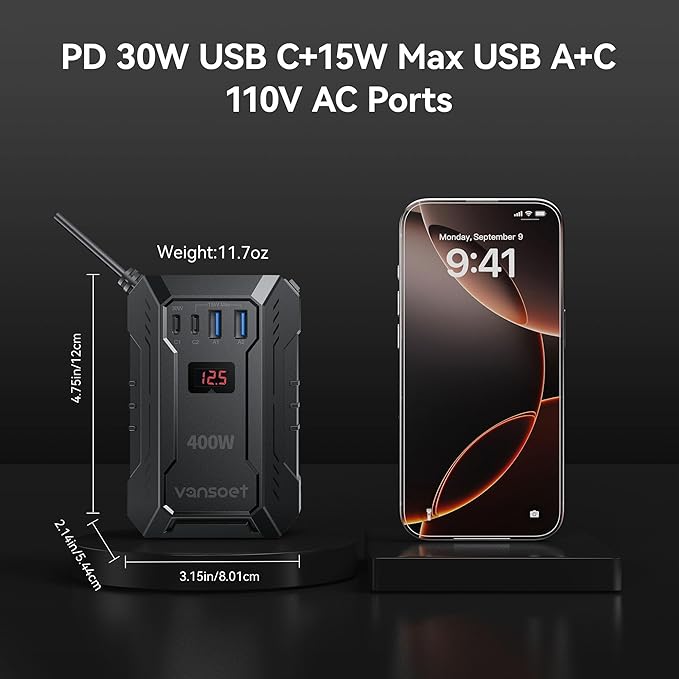 400W Car Power Inverter DC 12V to 110V AC Inverter with PD 30W/15W USB C+2*USB A Ports & 2 AC Outlets, Car Plug Adapter Outlet for Laptop/Phone/Road Trip