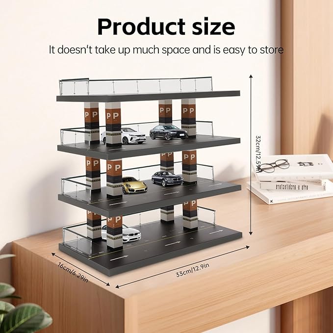 4-Tier 1:64 Die-Cast Car Display Case – Clear Acrylic Parking Garage Style Toy Car Organizer with Solid Wood Base, Dust-Proof Display Shelf for Miniature Car Collectors & Kids' Gifts