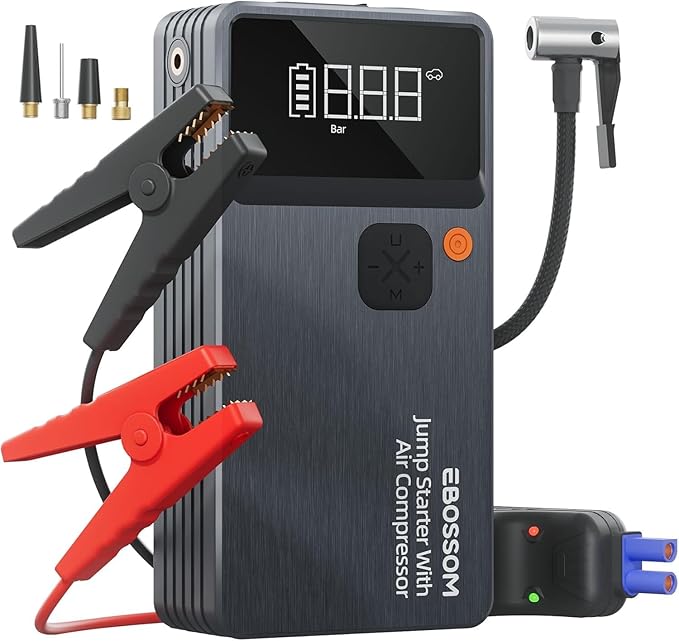 Car Battery Jump Starter with Air Compressor, Battery Jump Box with Tire Inflator,Jump Booster with Smart Jumper Cables,LED Light Emergency Car Kits for Vehicles,Arrancador Ae Batería