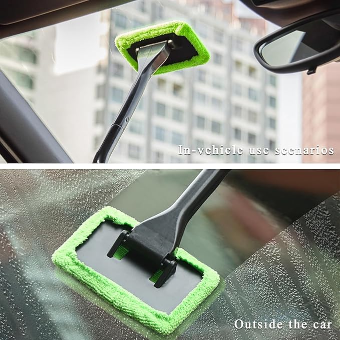 KVAEY Car Windshield Cleaning Tool, Microfiber Window Cleaner with 4 Washable Reusable Cloth Pad & Extendable Handle, Auto Glass Cleaning Kit with Spray Bottle for Glass Wiper
