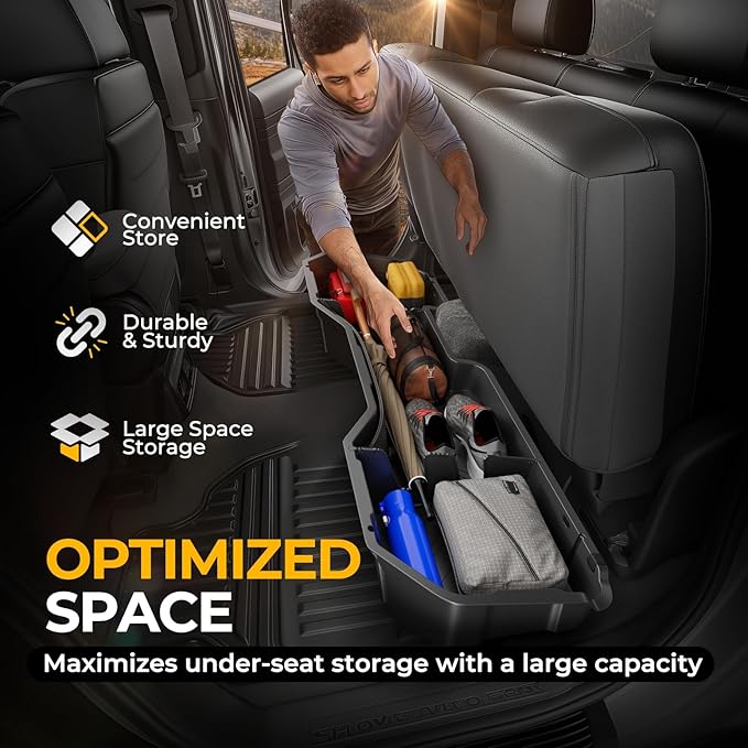 Auto Dynasty Rear Under Seat Tool Cargo Storage Box Organizer Tray Compatible with Chevy Silverado GMC Sierra 1500 2500HD 3500HD Crew Cab Pickup 2007-2019, Lightweight Design, Glossy Black