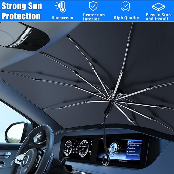 JDDRY Front Windshield Sun Shade with Pull Cord, Umbrella Sun Shade for Windshield, 2024 Car Umbrella Front Sun Shades Cover for Pickup/Large SUV/Truck/Minivan (150x82cm)