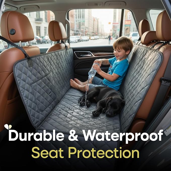 Jubily Dog Car Seat Cover for Back Seat, 100% Waterproof 600D Oxford Cloth Non-Slip Car Seat Protector, Universal Fit Pet Seat Cushion with Storage Pocket, Safety Ropes & Leash (Black Edge)