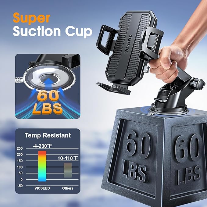 SUUSON Upgraded 3-in-1 Car Phone Holder Mount [Powerful Suction] Phone Mount for Car Dashboard Air Vent Windshield,for All iPhone Android Phone, Jet Black