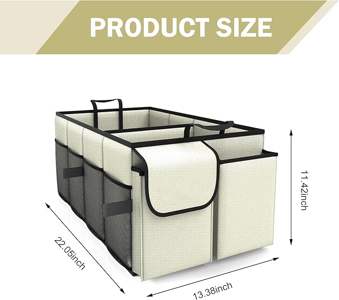 Car Trunk Organizer, Collapsible Car Organizer, Multi Compartment Car Organization for Car Accessories, Tools, Sundries, 22×13.4×11.4 inch, Storage for Auto Accessories for Women Men (Beige)