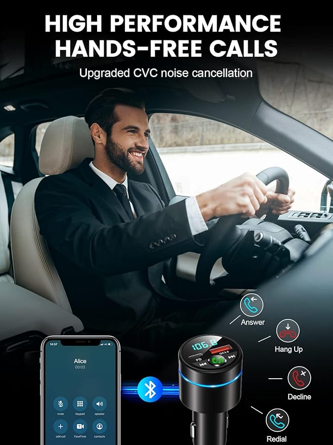 RIWUSI FM Transmitter for Car Bluetooth 5.3, [All-Metal] PD 30W & QC3.0 18W Fast Car Charger, Wireless FM Radio Kit Bluetooth Car Adapter, Noise Cancelling Hands-Free Call, Blue Light - Black