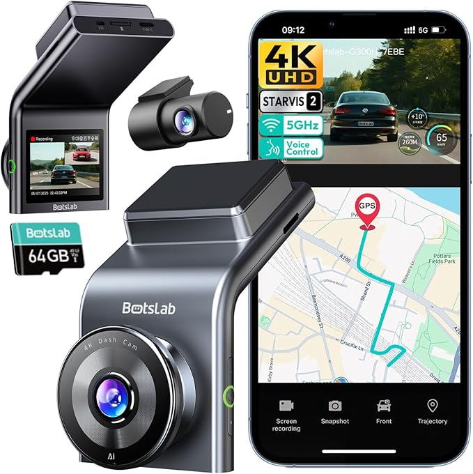 BOTSLAB 4K Dash Cam Front and Rear, STARVIS 2 Sensor, Voice Control, 64GB Card Included, 5GHz WiFi Dashcam Front and Rear Camera, Built in GPS, WDR Night Vision, 170°Wide Angle, 24H Parking Mode