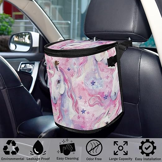 Car Trash Can Watercolor Unicorns Star Car Garbage Bag with Lid Hanging Waterproof Leak Proof Vehicle Storage Bin