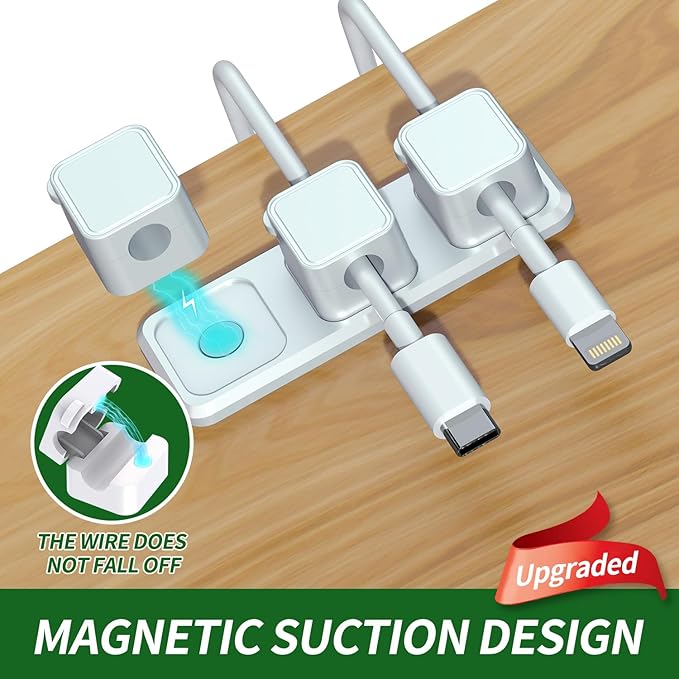 Magnetic Cable Organizer for Desk – Upgraded Wire Clips with Adhesive Base – Desktop Cord Holder for USB, Charging Cables – 6 Clips + 1 Magnetic Base (White)