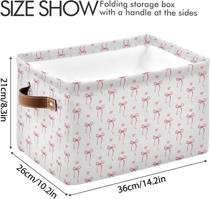 Wamika Pink Ribbon Bow Storage Basket with Waterproof Liner and PU Handles White Bow Tie Cute Storage Bins Boxes 14.2" Collapsible Decorative Organizer Baskets for Bedroom Closet Office 1 Pack