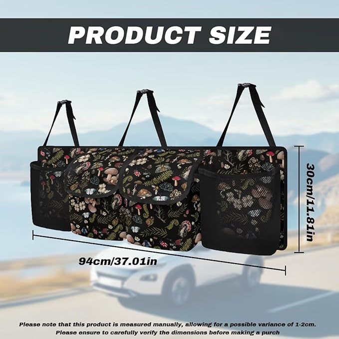Mushroom Trunk Organizer Car Accessories for Women Space-Saving Car Organizers Storage Bag with 4 Pockets, Back Seat Car Organizer Adjustable Car Back Seat Organizer
