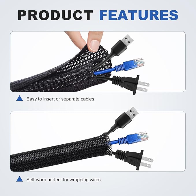 ELECFUN 8ft - 3/8 inch Cable Management Sleeve Cord Protector, Split Wire Loom for USB TV Computer, Braided Wire Cover Hider Organizer Tubing Protect Cat Dog from Chewing, Black
