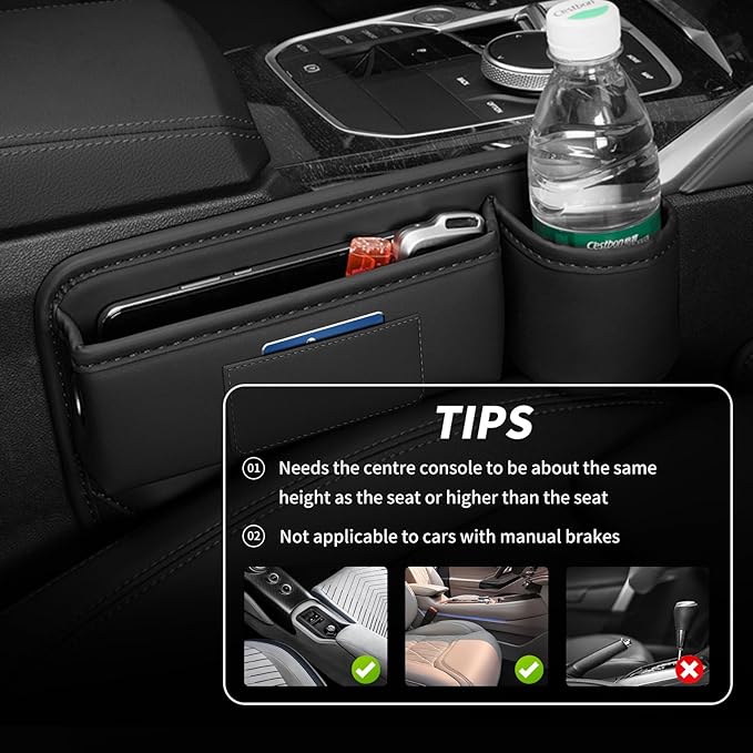 Kwak's Car Seat Gap Filler Organizer (2PC) – Fits 0.2"-1.2" Gap Premium Leather Drop Stop Car Console Organizer for Phone/Keys – Universal Front Seat Organizer for Car SUV Truck (Black)
