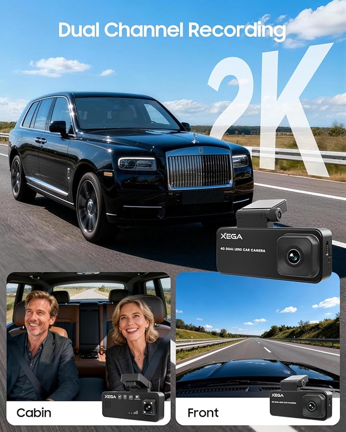 XEGA 2K 4G LTE Dash Cam Front and Inside, Remote Live-View Car Security Camera, No WiFi Needed, Anti-Theft Sentry Mode, Radar Parking Monitor, GPS Tracking, OBD Powered, Built-in SIM (Trial Included)