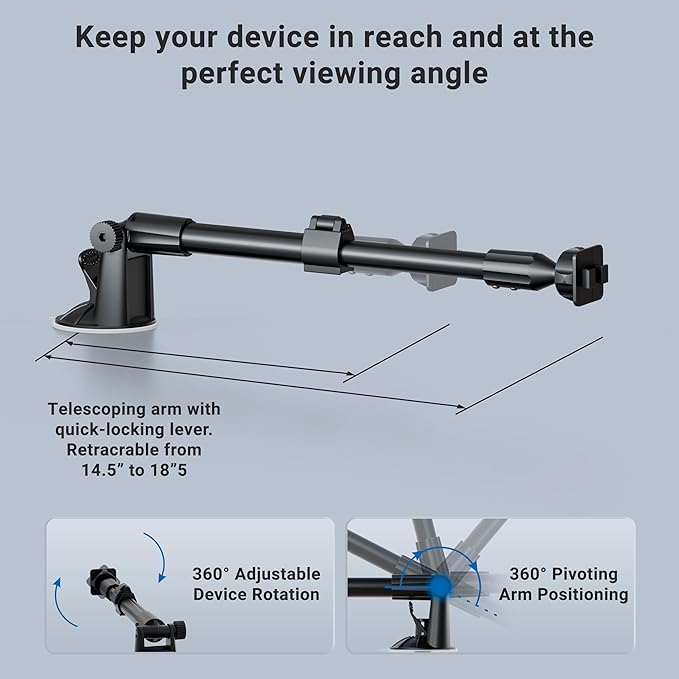 ARKON Mounts Long Arm Windshield Suction Mount with Dual-T Pattern | For Tablet and Phone Holders | Firm Windshield Suction | Extendable Arm for Long Dashboards | Dual-T Mount Pattern | CM117-SBH