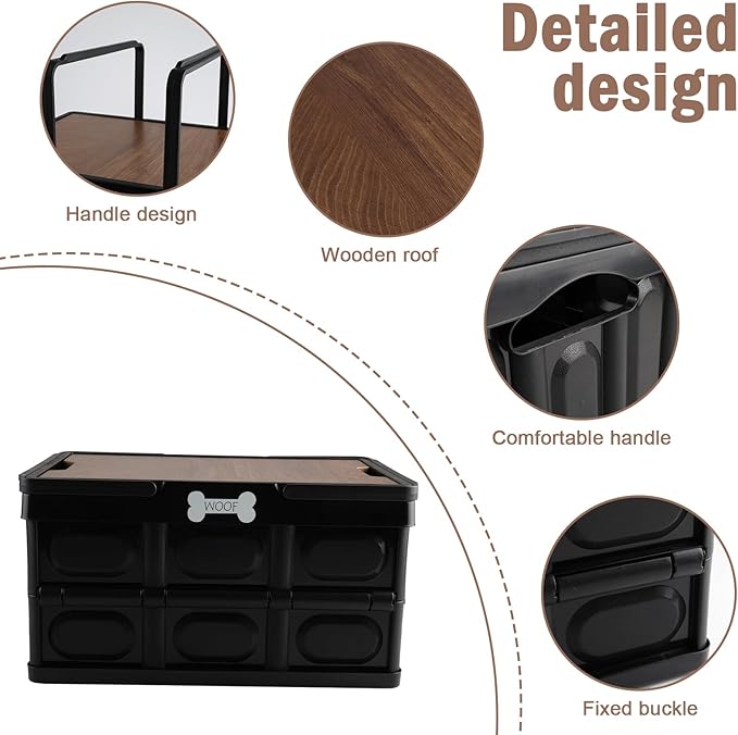 Outdoor Dog Toy Bin wtih Handles,Collapsible Dog Stuff Organizer Portable,Pet Storage Basket with Wood Cover for Dog Toys/Snack/Camping Essentials,Ideal for Car Trunk,RV Trip,Picnic-Black