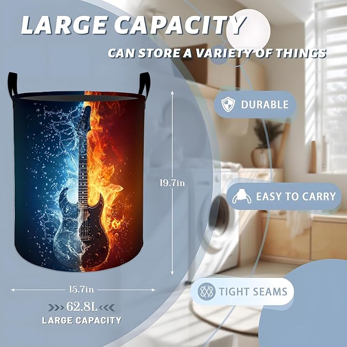Cool Electric Guitar with Fire and Water Laundry Basket with Handles, 19.7"x15.7" Clothes Foldable Laundry Hamper Organizer for Dorm Nursery Bedroom Bathroom Decor, Toy Storage Bin for Kids