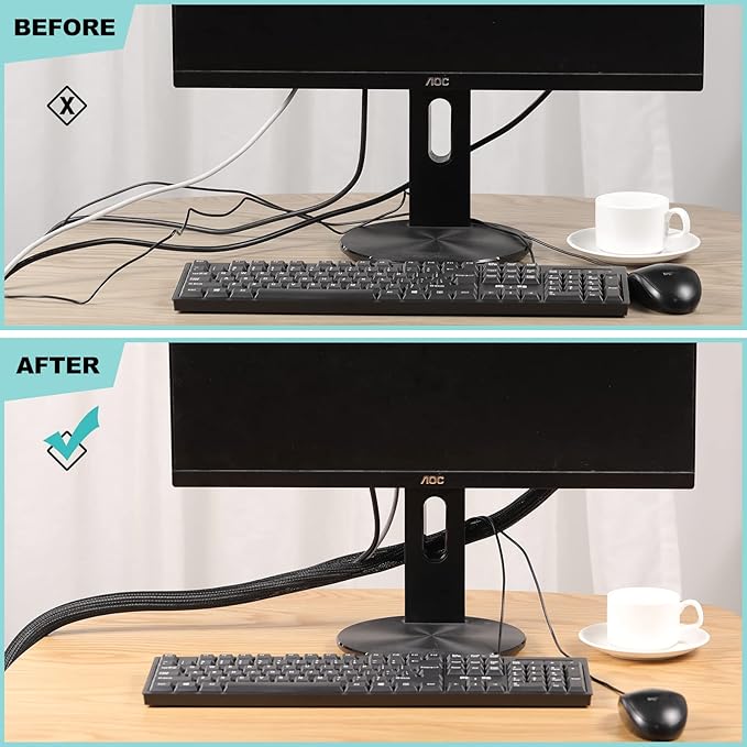 AGPTEK Cable Sleeve, 6.6ft - 1.2 inch Cable Management, Desk Cord Cover Organizer Wire Hider for Home Office Computer TV Wire Loom Tubing, Pet Proof Cord Protector from Cat Dog Chewing, Black