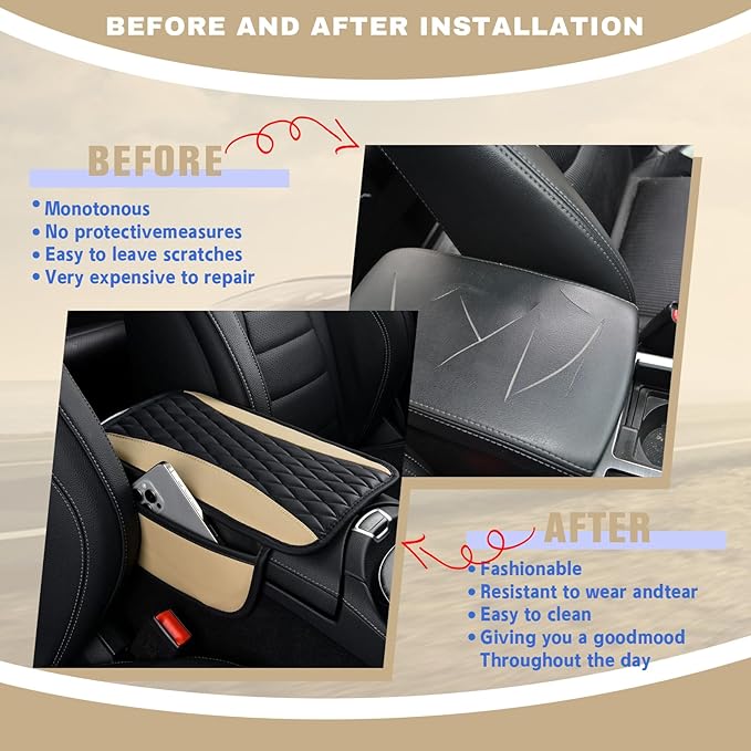 Leather Car Center Console Cover with Side Pockets, Upgraded Arm Rest Cover for Car Seat Organizer, Middle Console Cover Stylish Car Decoration, Universal for Most Vehicles (Beige)