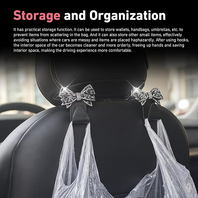 2 PCS Car Headrest Hooks, Cute Bowknot Auto Seat Back Hangers for Purses Bags Coats, Bling Rhinestone Interior Storage Organizer Hooks, Universal for Cars SUVs Trucks (Pink)