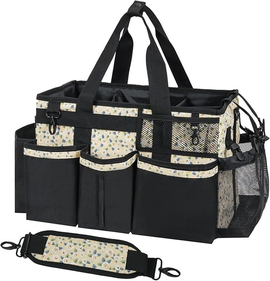 Wearable Cleaning Caddy, Cleaning Caddy Supplies Organizer with Handle & Shoulder Straps for Housekeepers, Under Sink & Car Cleaning Tool Organizers Bag with 4 Foldable Divider (YellowFlower)