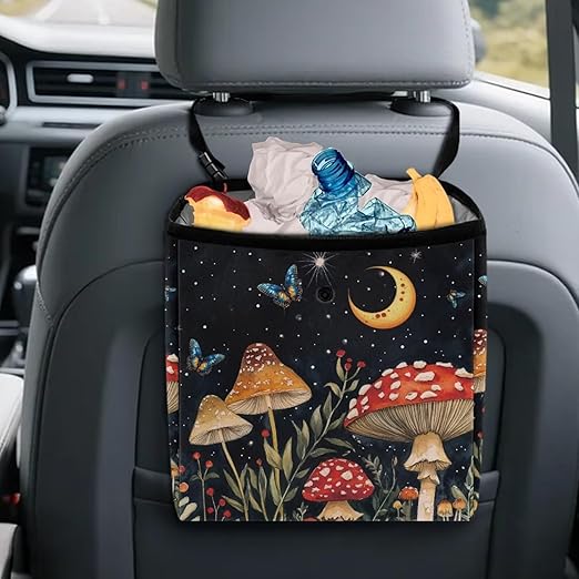 Butterfly Mushroom Car Trash Can Leak Proof Auto Trash Bag Hanging Vehicle Garbage Can Starry Night Moon Multipurpose Storage Container for Back Seat Car Accessories