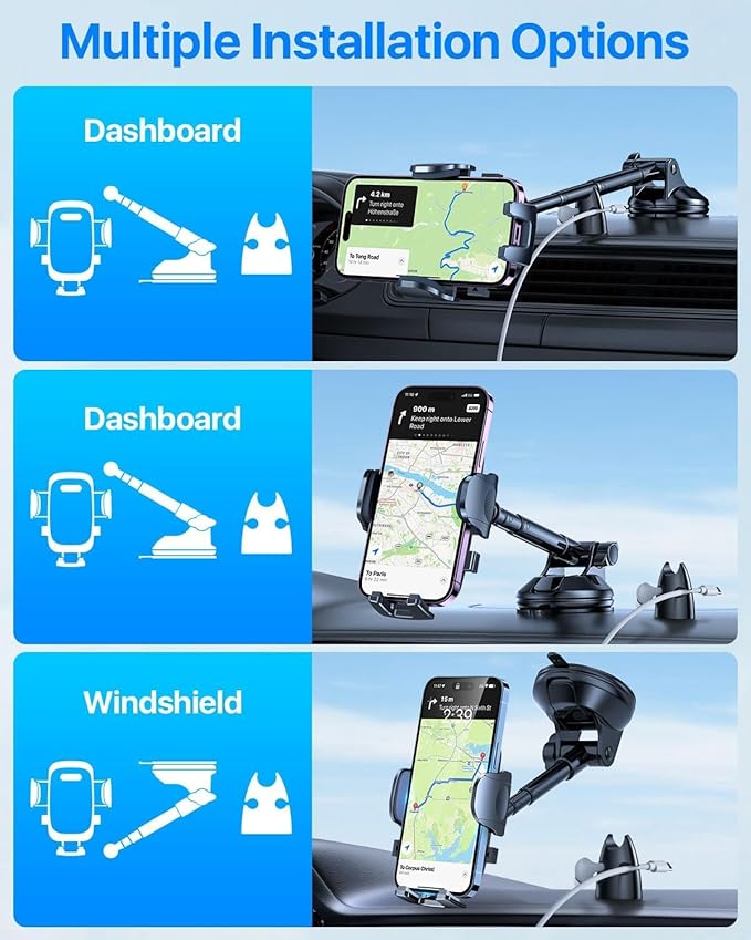 [2025 True Military-Grade] Car Phone Holder [Upgraded Strongest Suction & Clip] Cell Phone Mount for Dashboard Windshield Vent,Truck Cradle Stand for iPhone 16 Pro Max Samsung Android (‌Charcoal Grey)