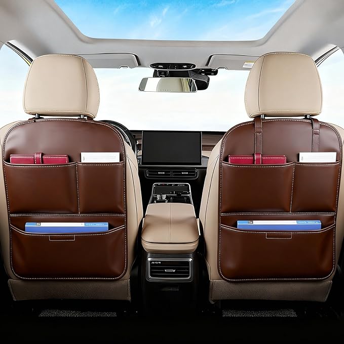 SUTSU Kick Mat Back Seat Protector， Waterproof Leather Car Seat Back Organizers Cover with 3 Storage Pockets for Kids Pets SUV Sedan Minivan Truck Car Travel Accessories (Coffee 2-pack)