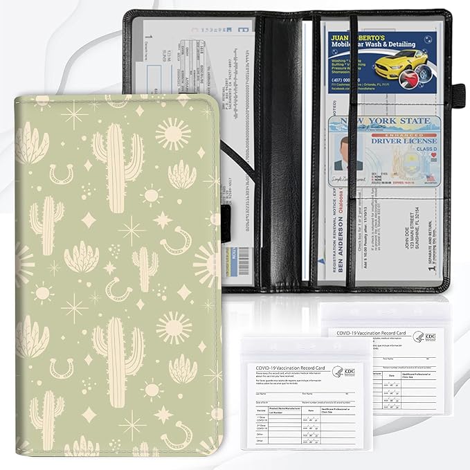 Car Registration and Insurance Card Holder, Vehicle License Documents Glove Box Compartment Organizer Wallet, ID Card Holder for Car Essentials Automobile, Western Boho Cactus