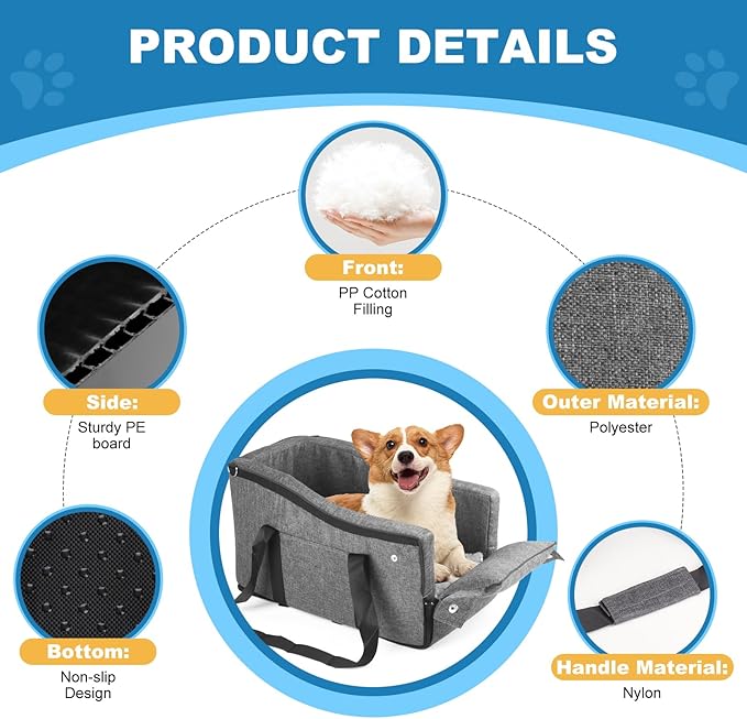 Center Console Dog Car Seat for Small Dogs Up to 12lbs, Detachable Armrest Pet Car Seat, Portable Middle Console Dog Booster Cars Seats with Adjustable Straps & Storage Pocket (Dark Grey)