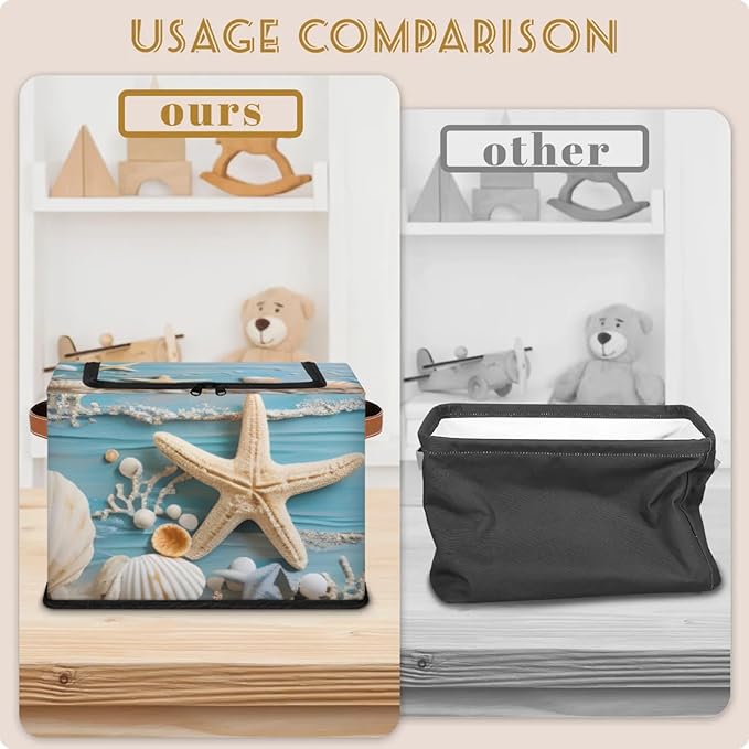 Ocean Shells Starfish Storage Bins With Zipper Lid, Collapsible Trunk Organizer, Car Organizers and Storage Bins with Lids, Decorative Storage Boxes with Handle, Home Storage Baskets for Organizing